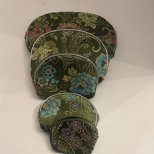 Floral Embroidered Pouch Set - Green with Blue and Pink Accents 5 in 1